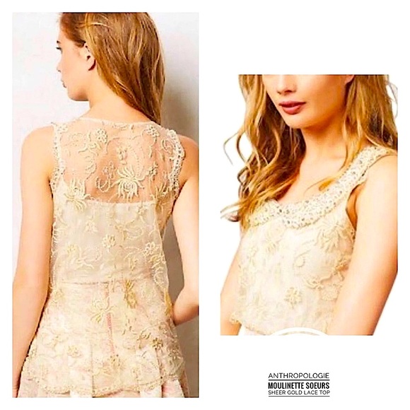 Anthropologie Moulinette Soeurs Sheer Gold Lace Top - Picture 1 of 12